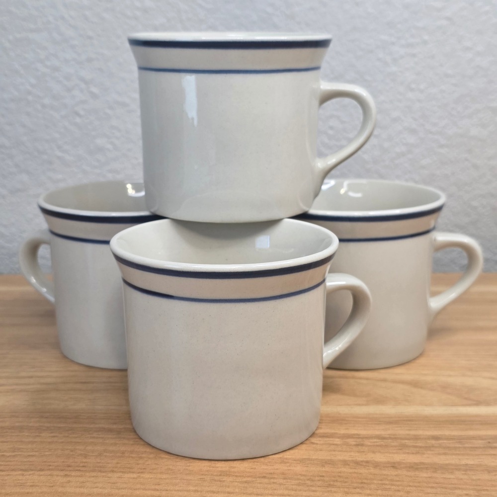 Vtg Brick Oven Stoneware Mugs Scandia Blue Set of 4 Striped Retro Kitchenware
